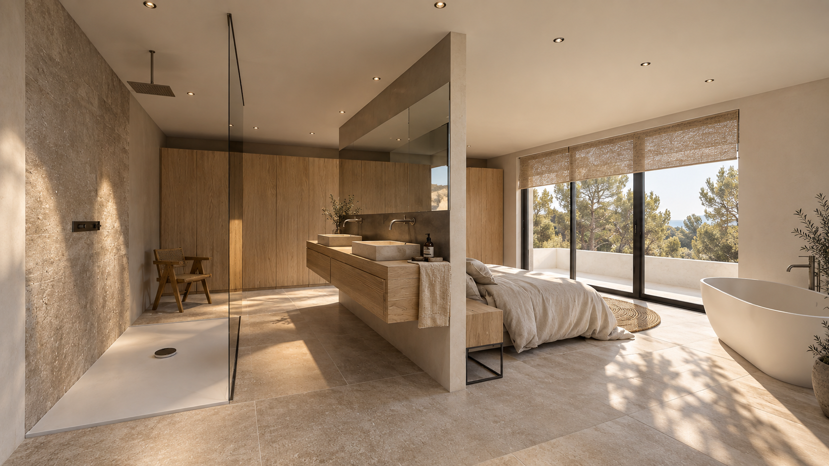 Open master suite met vrijstaand bad en uitzicht